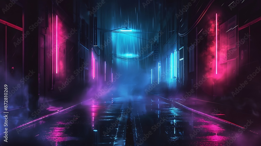 custom made wallpaper toronto digitalA dark street, bathed in neon pink and blue lights, with night smog swirling around. Minimalistic, ultra HD quality.