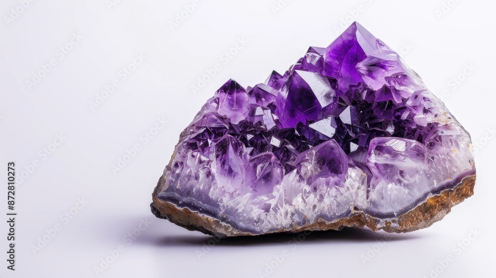 Focus on amethyst geode on white background front view Text space Focus on amethyst geode on white background front view Text space
