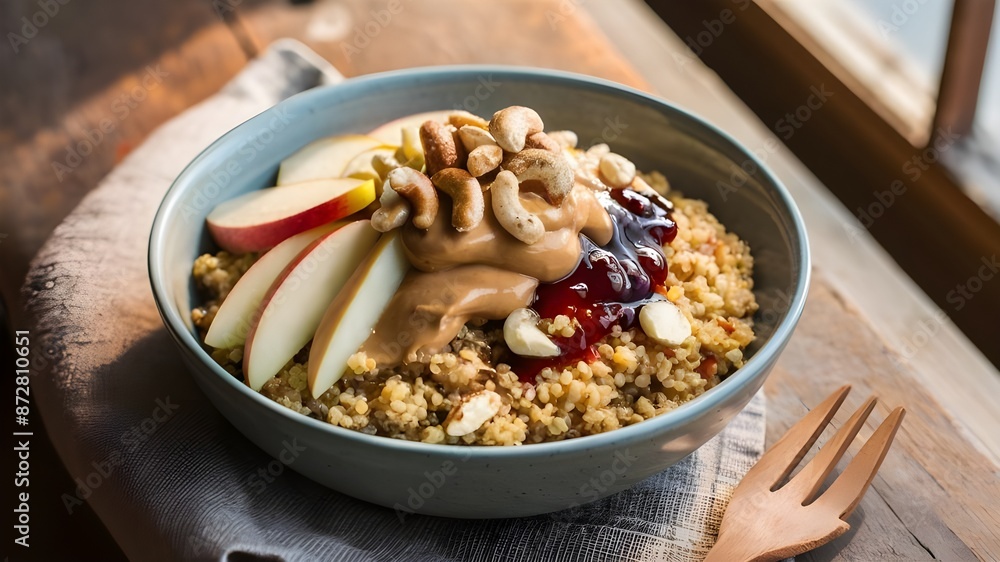 Apple peanut butter quinoa bowl with jam and cashew for breakfast Apple peanut butter quinoa bowl with jam and cashew for breakfast