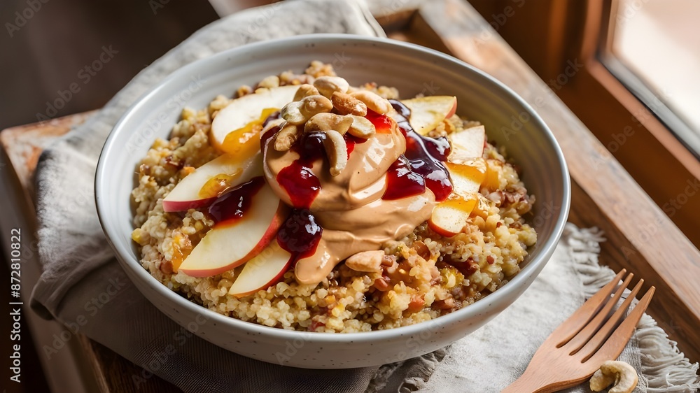 Apple peanut butter quinoa bowl with jam and cashew for breakfast Apple peanut butter quinoa bowl with jam and cashew for breakfast
