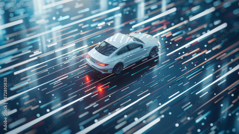 A car is passing through a series of white light grid lines A car is passing through a series of white light grid lines