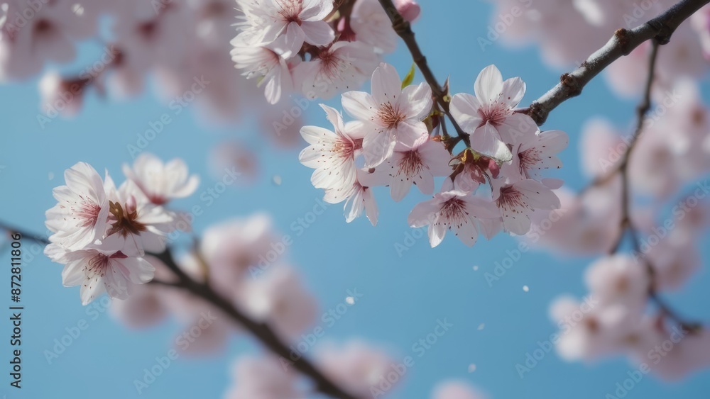 A unique perspective of spring cherry blossoms taken from beneath the branches, with petals falling like snow against a clear blue sky. A unique perspective of spring cherry blossoms taken from beneath the branches, with petals falling like snow against a clear blue sky.