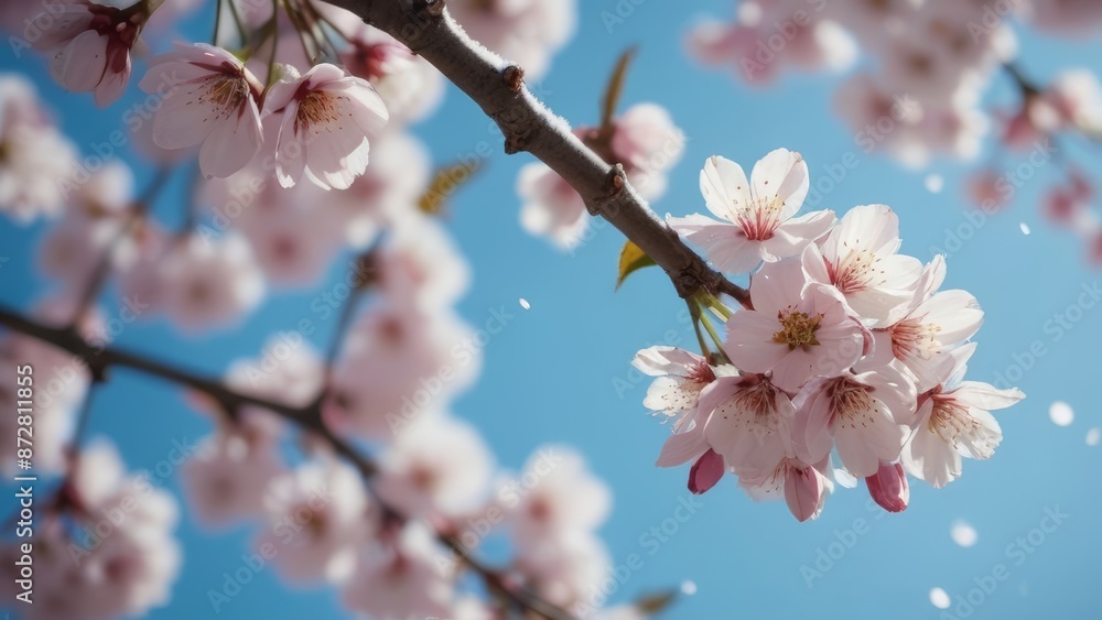 A unique perspective of spring cherry blossoms taken from beneath the branches, with petals falling like snow against a clear blue sky. A unique perspective of spring cherry blossoms taken from beneath the branches, with petals falling like snow against a clear blue sky.