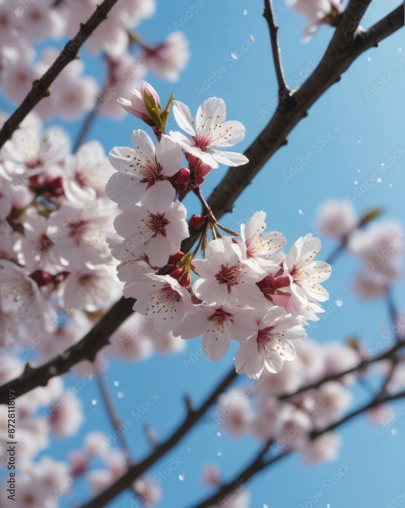 A unique perspective of spring cherry blossoms taken from beneath the branches, with petals falling like snow against a clear blue sky. A unique perspective of spring cherry blossoms taken from beneath the branches, with petals falling like snow against a clear blue sky.