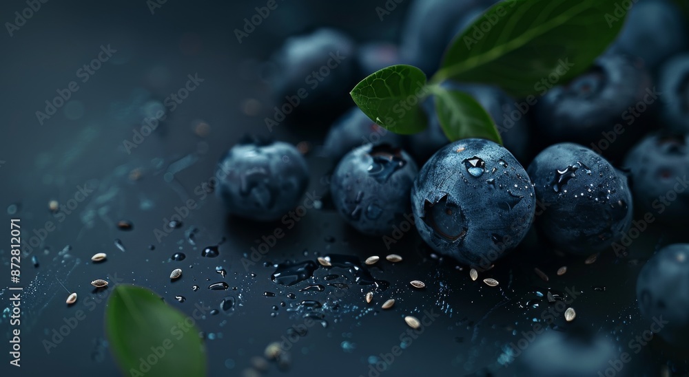 Close-up of fresh blueberries with leaves and water drops on a dark background Close-up of fresh blueberries with leaves and water drops on a dark background
