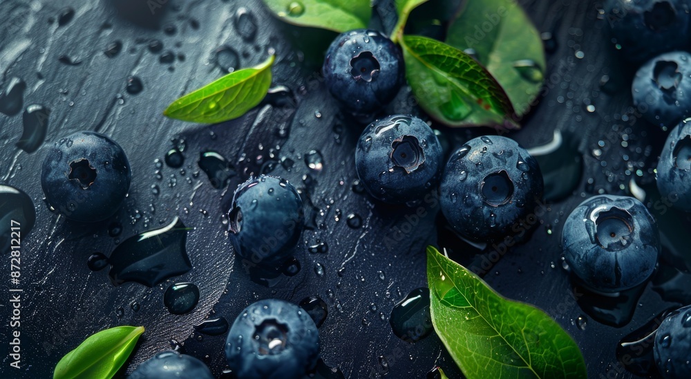 Fresh blueberries with water droplets and green leaves on a dark background Fresh blueberries with water droplets and green leaves on a dark background