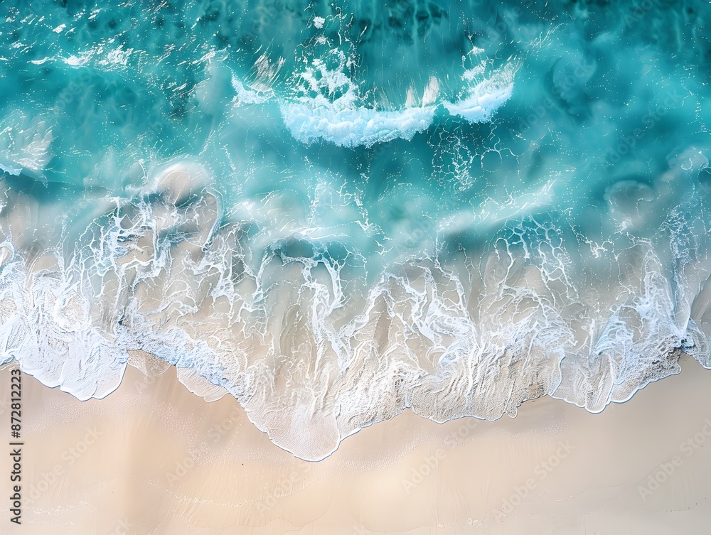 Aerial View of Turquoise Ocean Waves Crashing on Sandy Beach Aerial View of Turquoise Ocean Waves Crashing on Sandy Beach