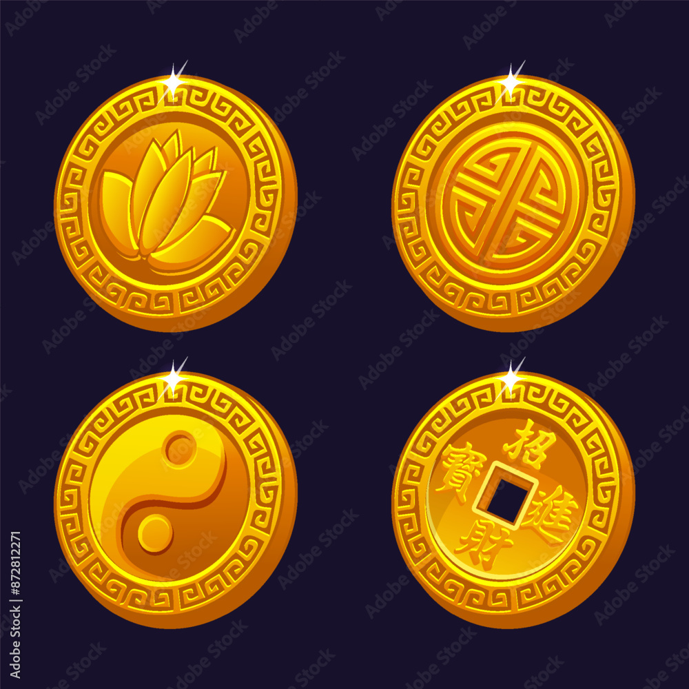 Blessing Golden coins represent good luck or fortune. Chinese Symbols for Luck. Blessing Golden coins represent good luck or fortune. Chinese Symbols for Luck.