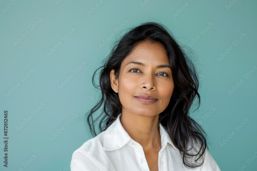 Portrait of a blissful indian woman in her 50s wearing a classic white shirt in front of pastel teal background Portrait of a blissful indian woman in her 50s wearing a classic white shirt in front of pastel teal background