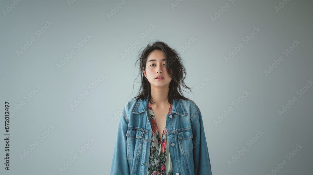 花柄のシャツにデニムジャケットを羽織っているおしゃれな女性のポートレート 花柄のシャツにデニムジャケットを羽織っているおしゃれな女性のポートレート