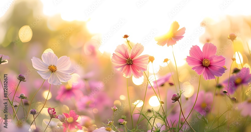 Pink and White Cosmos Flowers in a Field Pink and White Cosmos Flowers in a Field