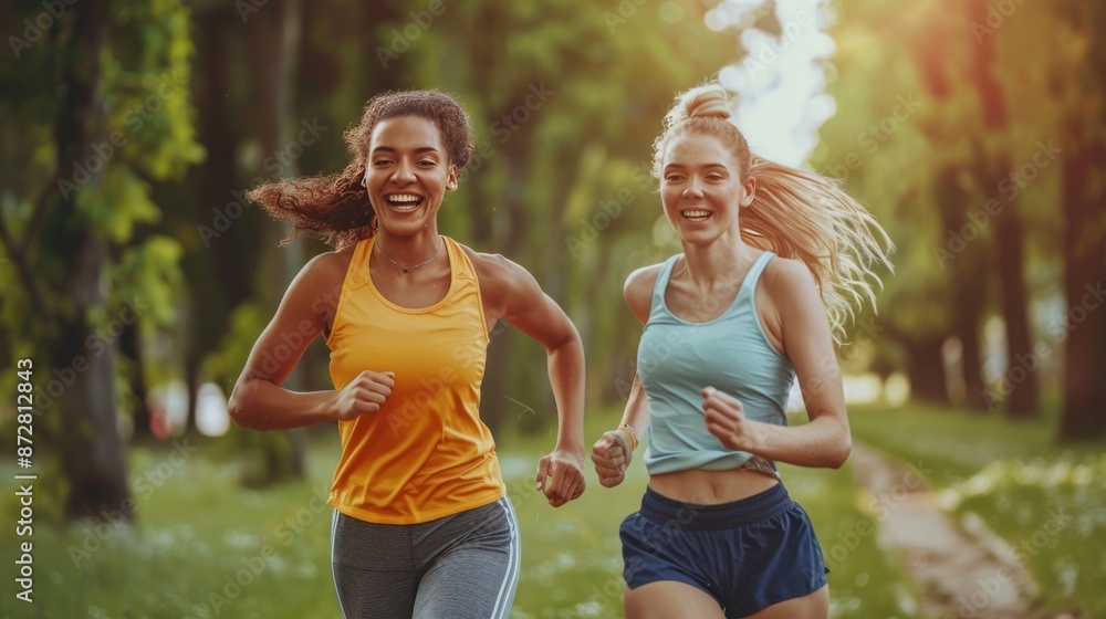Happy athletic woman running with her friend in park Happy athletic woman running with her friend in park