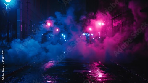 A dark street, bathed in neon pink and blue lights, with night smog swirling around. Minimalistic, ultra HD quality.