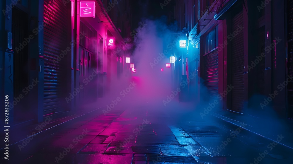 A dark street, bathed in neon pink and blue lights, with night smog swirling around. Minimalistic, ultra HD quality. A dark street, bathed in neon pink and blue lights, with night smog swirling around. Minimalistic, ultra HD quality.