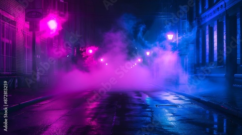 A dark street, bathed in neon pink and blue lights, with night smog swirling around. Minimalistic, ultra HD quality. © WOW