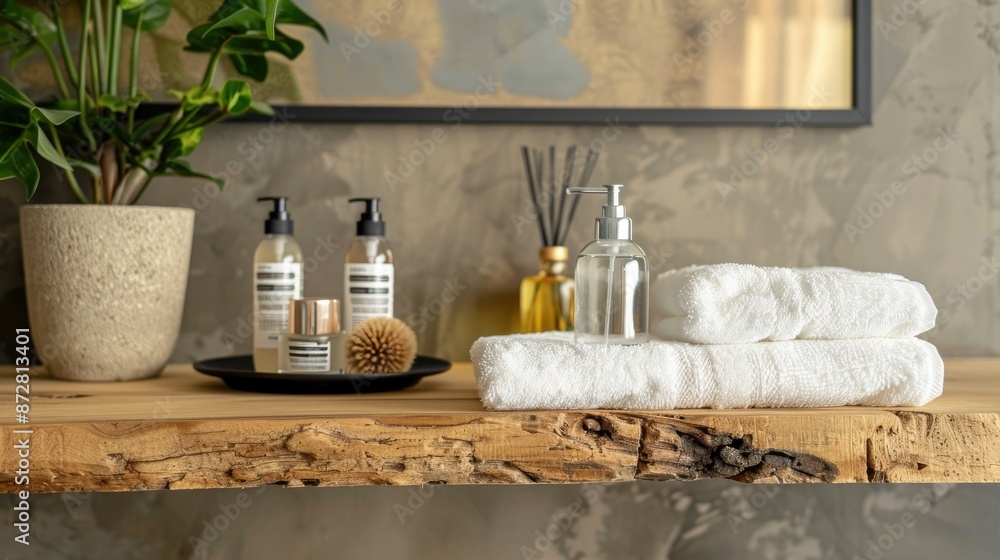 Recycled glass dispenser with towels on wooden shelf Cosmetic tray with skincare products Morning routine and skincare concepts Recycled glass dispenser with towels on wooden shelf Cosmetic tray with skincare products Morning routine and skincare concepts