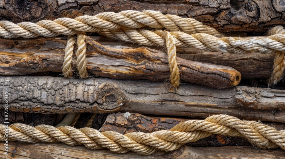 Different kinds of brown wood arranged and stacked for backgrounds with natural rope available for use Different kinds of brown wood arranged and stacked for backgrounds with natural rope available for use