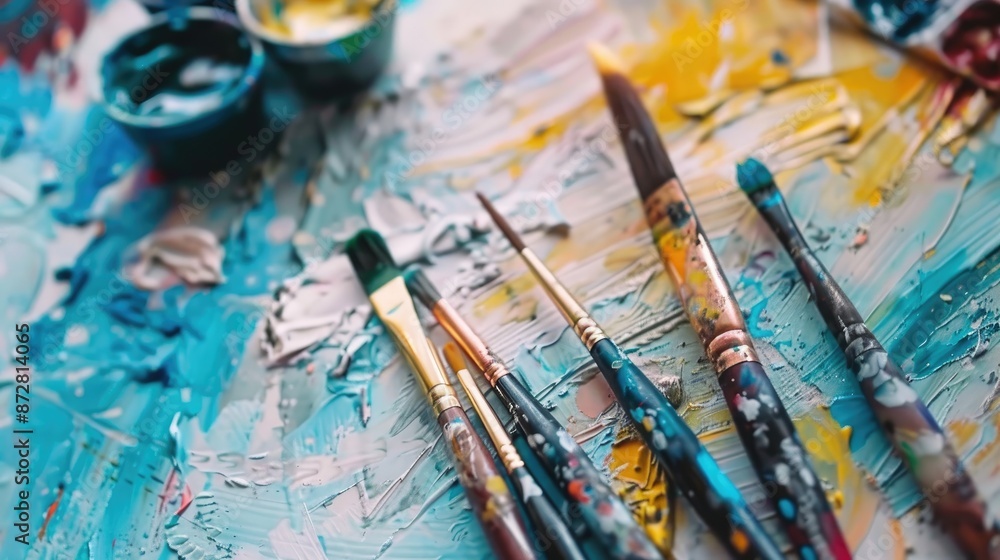 Colorful drawing tools and paintbrushes on a white surface Simulation Colorful drawing tools and paintbrushes on a white surface Simulation