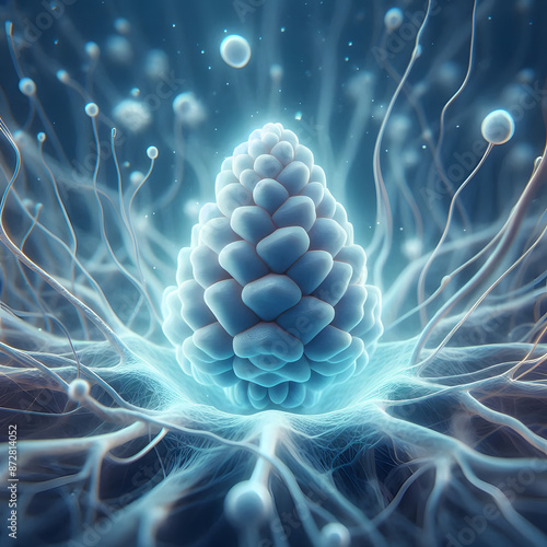 Pineal Gland Illustration - Neural Network and Brain Function Visual | A detailed, high-resolution illustration of the pineal gland, emphasizing its neural connections and role in brain function.