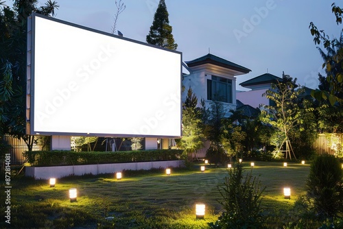 White blank billboard on a suburban house lawn, with neatly arranged garden lights illuminating the area. © Lal
