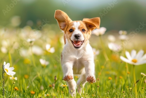 A happy beagle puppy runs through a field of daisies, ears flapping in the breeze.