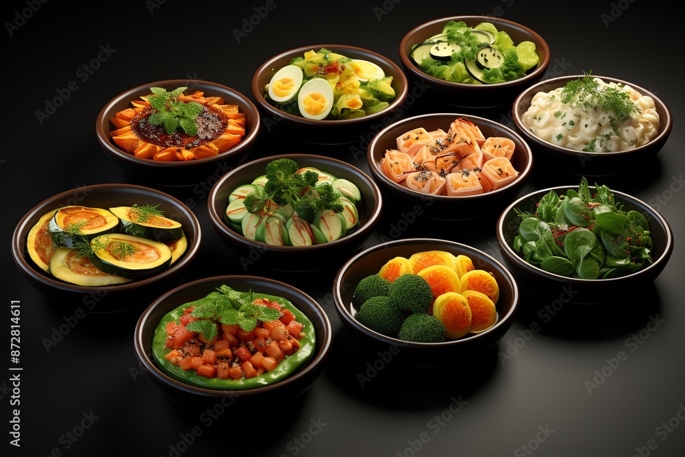 Assorted healthy salads and dishes in bowls, featuring fresh ingredients and vibrant colors, perfect for a nutritious meal and presentation. Assorted healthy salads and dishes in bowls, featuring fresh ingredients and vibrant colors, perfect for a nutritious meal and presentation.