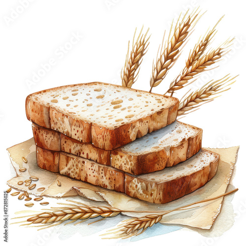 Watercolor illustration of Three slices of whole grain bread stacked on parchment paper with wheat stalks, depicting a healthy and nutritious meal.