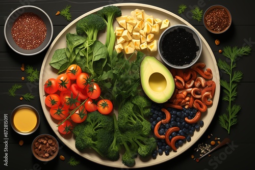 Wallpaper Mural Colorful healthy salad bowl with fresh vegetables, fruits, and nuts on a dark background, ideal for nutritious food concepts. Torontodigital.ca