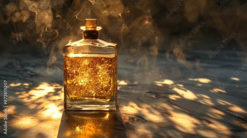 Rectangular bottle holding gold liquid Rectangular bottle holding gold liquid