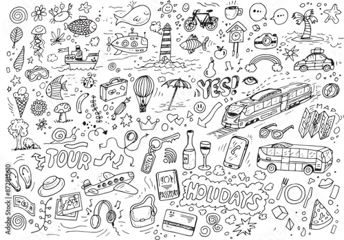 Travelling doodles, hand drawn vector illustration on white background