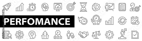 Performance icon set. time. Improvements, balanced scorecard, scope, efficiency, charts, boost, power, monitored, priorities, goal and more. Vector illustration.