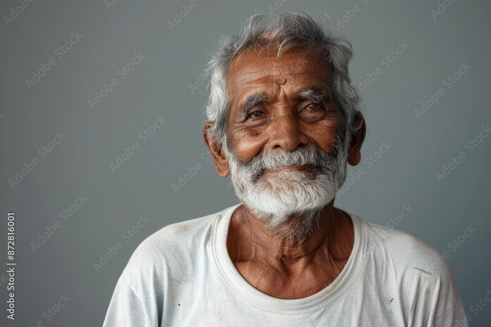 Portrait of a merry indian elderly 100 years old man dressed in a casual t-shirt isolated on pastel gray background Portrait of a merry indian elderly 100 years old man dressed in a casual t-shirt isolated on pastel gray background