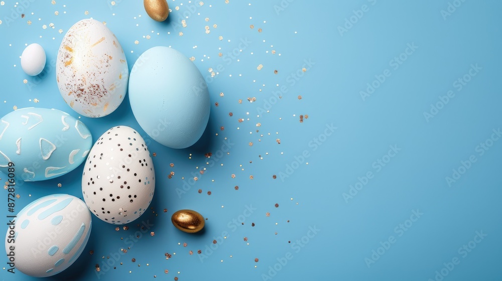Trendy Easter egg frame in blue white and gold on blue background Minimalist style with space for text Trendy Easter egg frame in blue white and gold on blue background Minimalist style with space for text