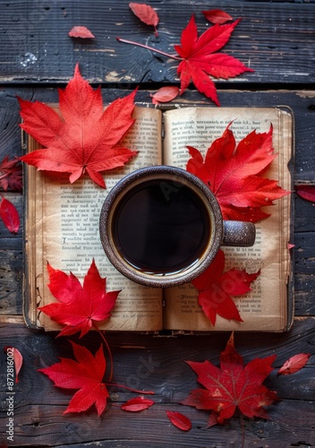 Autumnal Tea Break With Red Leaves and a Vintage Book