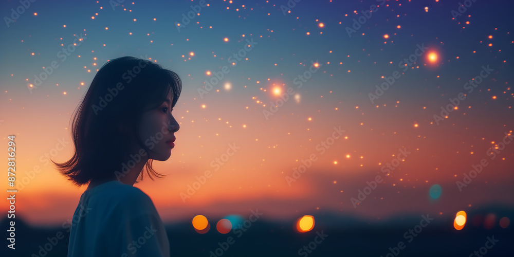 星空を眺める女性 星空を眺める女性