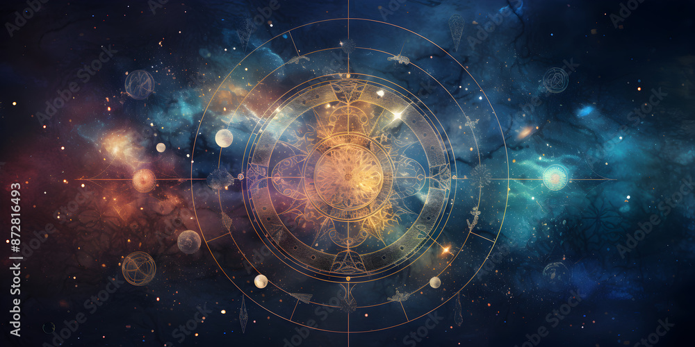 Obraz premium Abstract deep cosmic mystical astrological backdrop, with stardust, swirling galaxies, zodiac signs and celestial elements