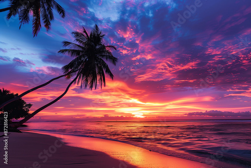 vibrant, colorful sunset with hues of orange, pink, and purple spreading across the sky over a tropical beach. Palm trees are silhouetted against the dramatic sky, adding depth and