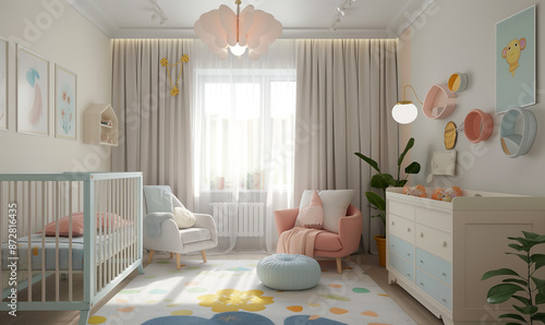 Pokój dziecięcy w pastelowych kolorach - łóżeczko, komoda i fotele
