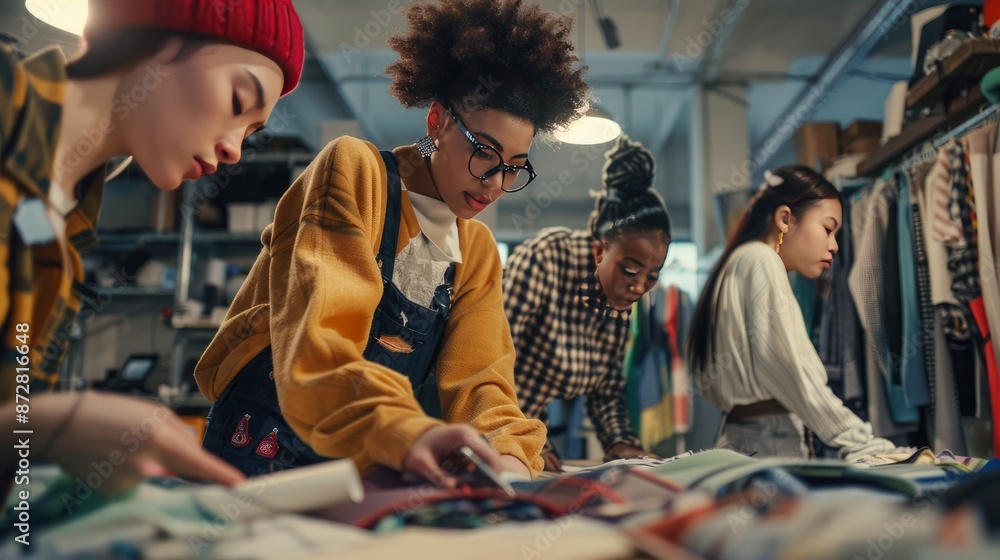 Multiracial team of young fashion designers working in clothing workshop Multiracial team of young fashion designers working in clothing workshop