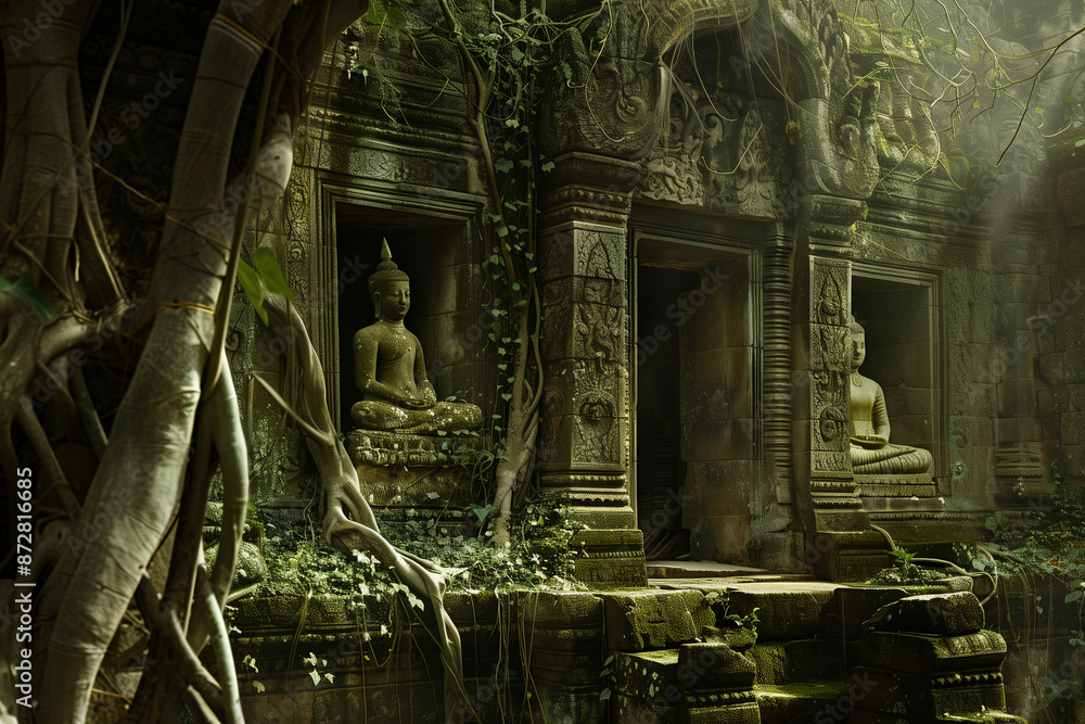 Obraz premium serene scene of an ancient Buddhist temple partially reclaimed by the lush jungle in Southeast Asia. Vines and roots intertwine with the stone structures, blending nature with hist