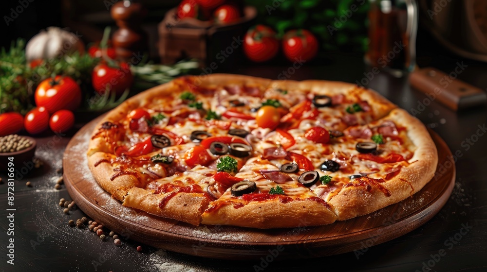 High quality photograph of pizza with toppings on a dark backdrop High quality photograph of pizza with toppings on a dark backdrop