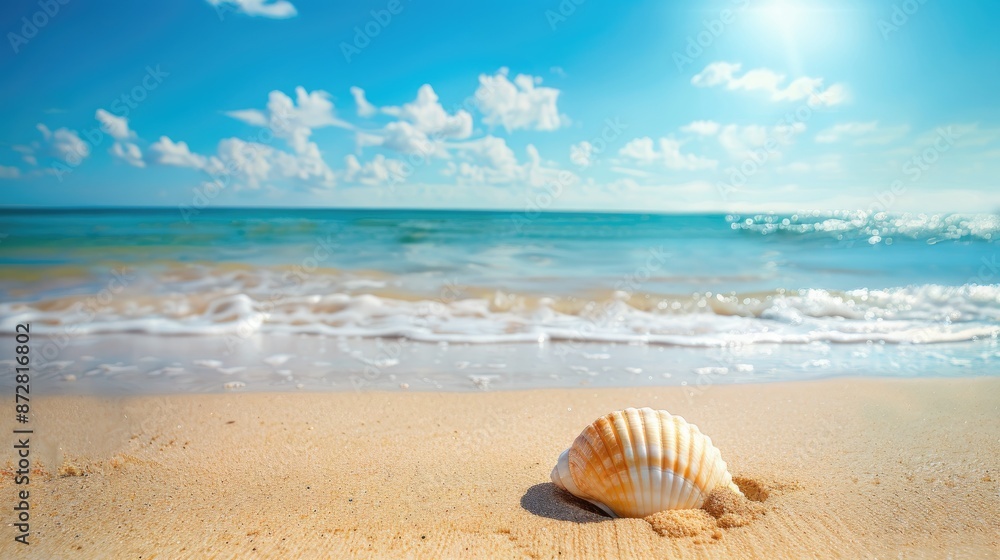 Concept of Solitude and Serenity White and Yellow Seashell on Sandy Beach with Colorful Blue Sky Background Concept of Solitude and Serenity White and Yellow Seashell on Sandy Beach with Colorful Blue Sky Background
