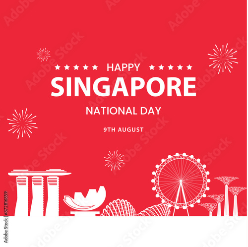 Singapore National Day Red Banner with Iconic Skyline and Fireworks