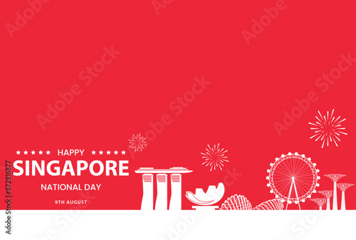 Large Singapore National Day Red Banner with Iconic Skyline and Fireworks