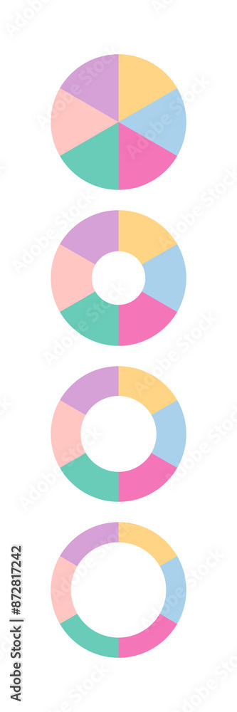 Fototapeta premium Set of round structure chart, six multicolor segments. Pie diagram collection. Colored circle and ring graph with six segments template. Piechart with section and slices. Vector illustration