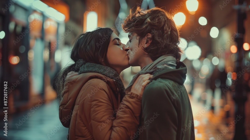 Young man in love kisses his girlfriend in city. Young man in love kisses his girlfriend in city.