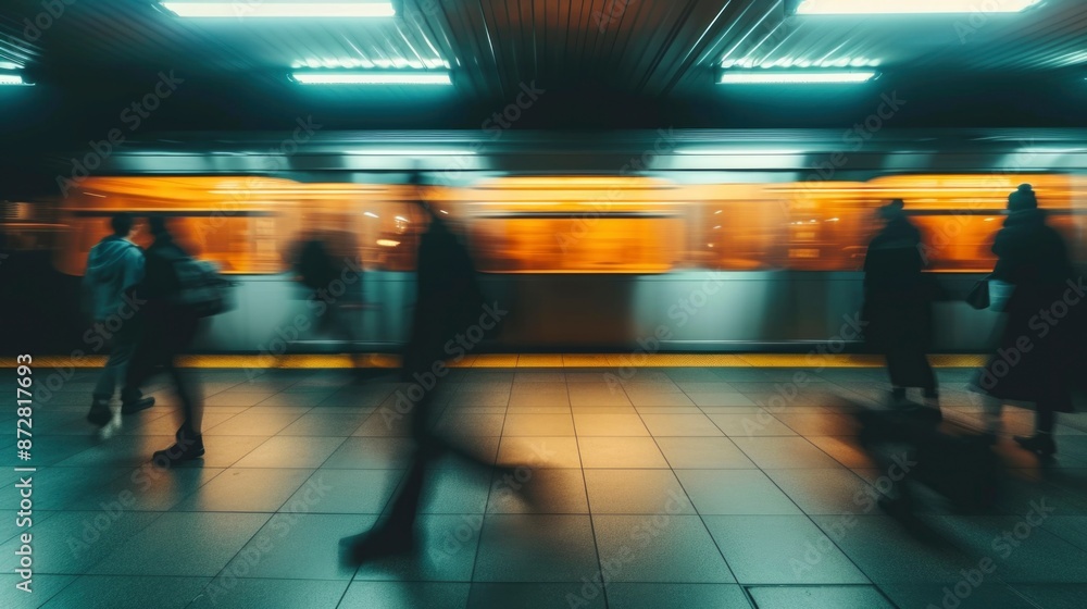 A subway train speeds away from the platform, leaving behind a trail of blurred figures walking away. A subway train speeds away from the platform, leaving behind a trail of blurred figures walking away.
