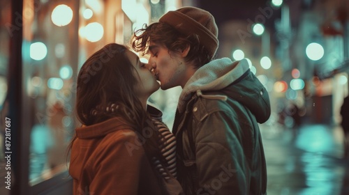 Young man in love kisses his girlfriend in city.