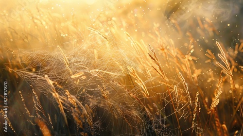 Sunlit meadow grasses with spider silk photo