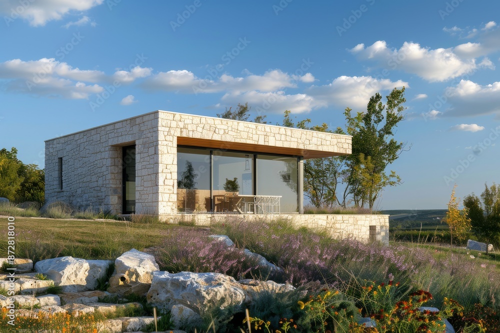 a modern house in the field with flowers. a modern house in the field with flowers.